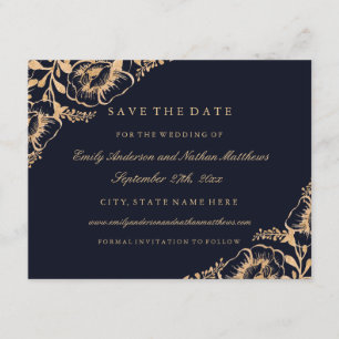 Goldene Navy Vintage Blumen Hochzeit Termin merken Save The Date