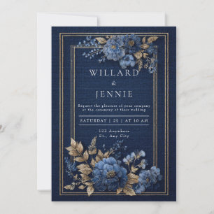 Goldene Navyblaue Texturierte Florale Winterhochze Einladung