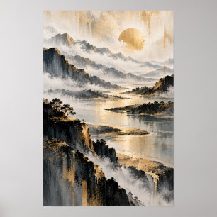 Goldene Nebelberg-Seelandschaft Abstraktes Wandbil Poster