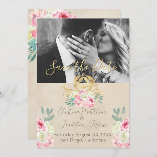 Goldene Ohrfeige und rosa Blume Märchenhafte Hochz Save The Date (Vorne/Hinten)