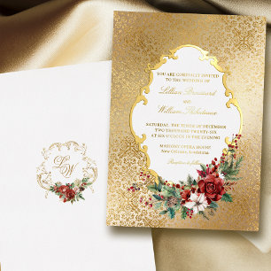 Goldene Opulenz-Weihnachts-Blumenhochzeit Folieneinladung