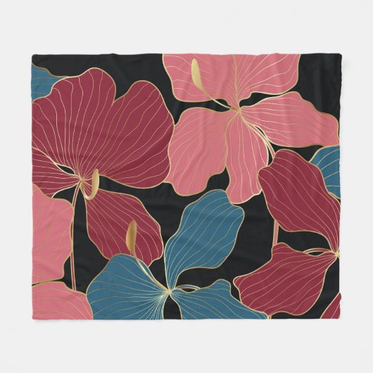 Goldene Orchideen, elegante Blumen-Linien Kunst. Fleecedecke (Vorderseite (Horizontal))