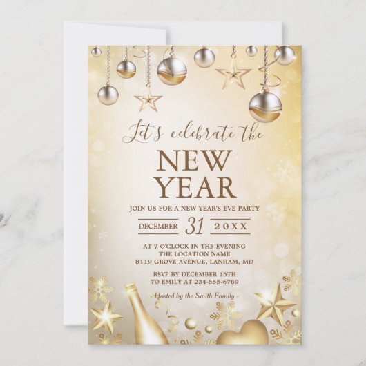 Goldene Ornamente feiern das neue Party Einladung (Vorderseite)