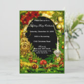 Goldene Ornamente Grünes Pine Weihnachtsfest Party Einladung (Stehend Vorderseite)