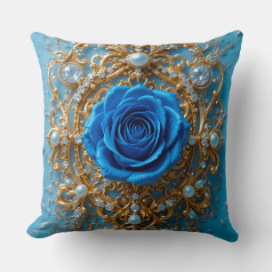 Goldene Ornamente mit blauer Rose und Perle Kissen