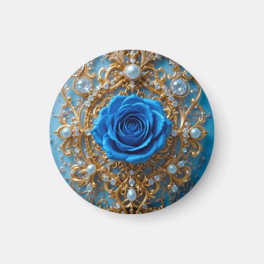 Goldene Ornamente mit blauer Rose und Perle Magnet (Vorne)