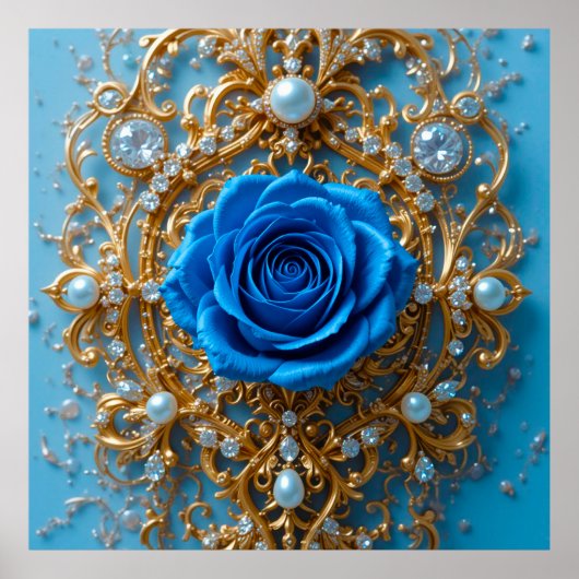Goldene Ornamente mit blauer Rose und Perle Poster (Vorne)