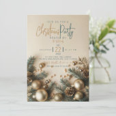 Goldene Ornamente mit Grün Weihnachten Einladung (Stehend Vorderseite)