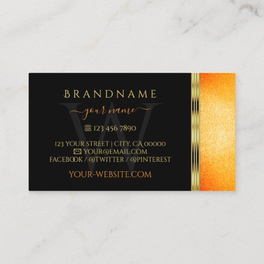 Goldene Ornamente Monogramm, schwarz und orange Gl Visitenkarte (Rückseite)