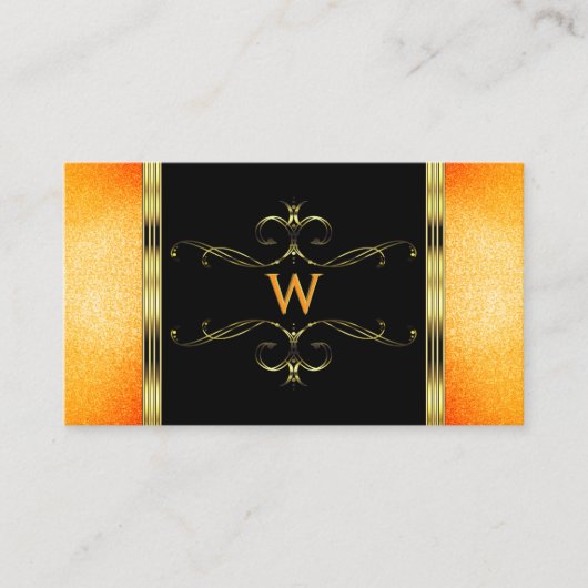 Goldene Ornamente Monogramm, schwarz und orange Gl Visitenkarte (Vorderseite)