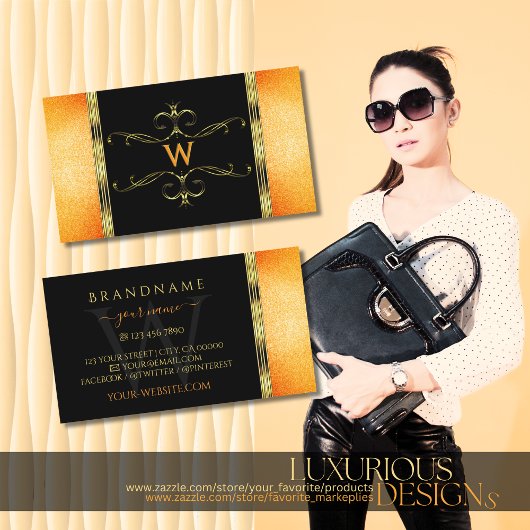 Goldene Ornamente Monogramm, schwarz und orange Gl Visitenkarte