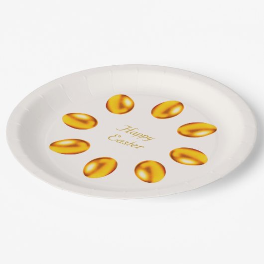 Goldene Ostereier auf Elfenbein Pappteller (Schrägansicht)