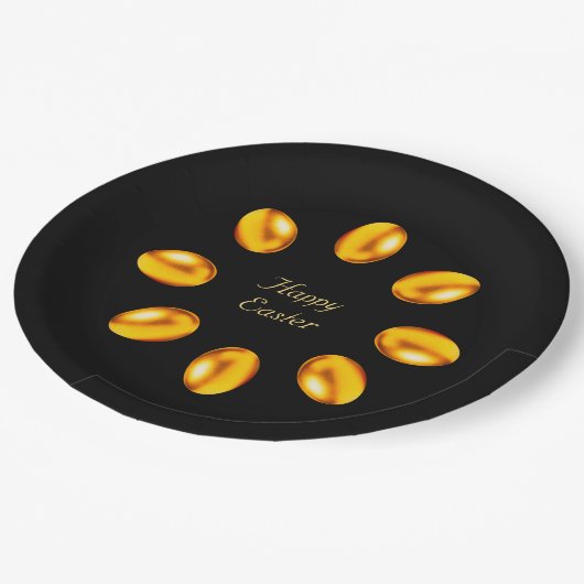 Goldene Ostereier auf schwarz Pappteller (Schrägansicht)