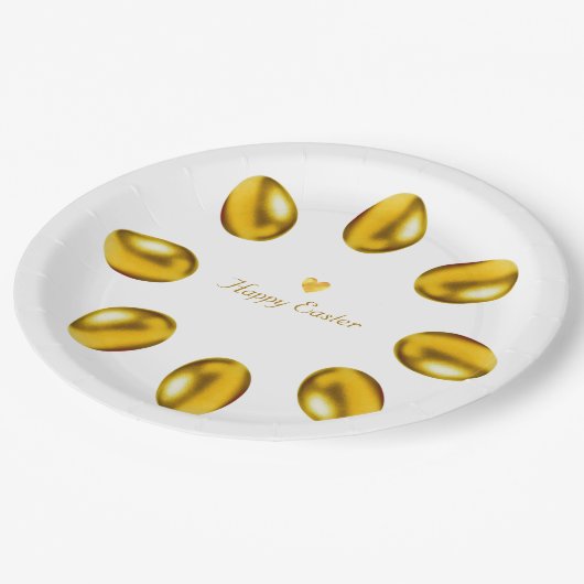Goldene Ostereier auf Weiß Pappteller (Schrägansicht)