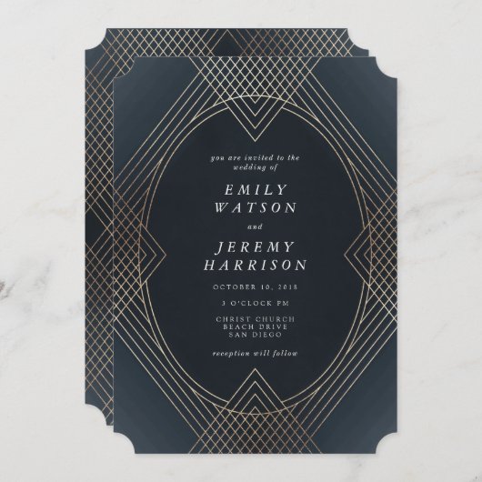 Goldene Oval Geometrische Art Deco Gatsby Hochzeit Einladung (Vorne/Hinten)