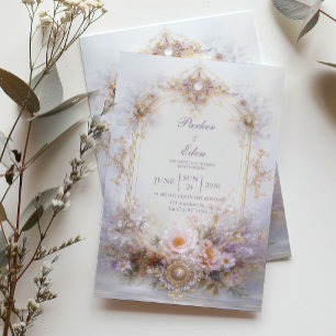 Goldene Ovalrahmen-Roséfarbene Blumen-Juwel-Elegan Einladung