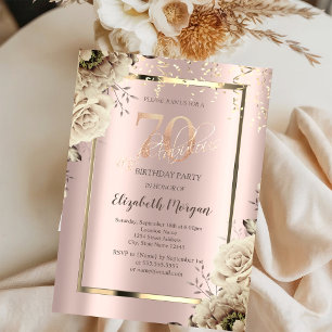 Goldene Pailletten, Blumen Rosen Gold 70. Geburtst Einladung