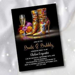 Goldene Pailletten-Stiefel und prickelnde Brautpar Einladung