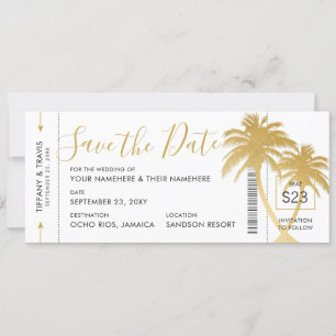 Goldene Palm Boarding Pass Ticket Save the Date Ka Ankündigung
