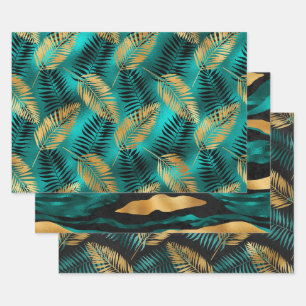 Goldene Palmblätter mit Türkis und Abstraktem Schw Geschenkpapier Set