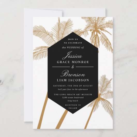 goldene Palmen, raffinierte tropische Hochzeit Einladung (Vorderseite)