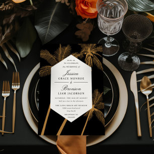 goldene Palmen, raffinierte tropische Hochzeit Einladung