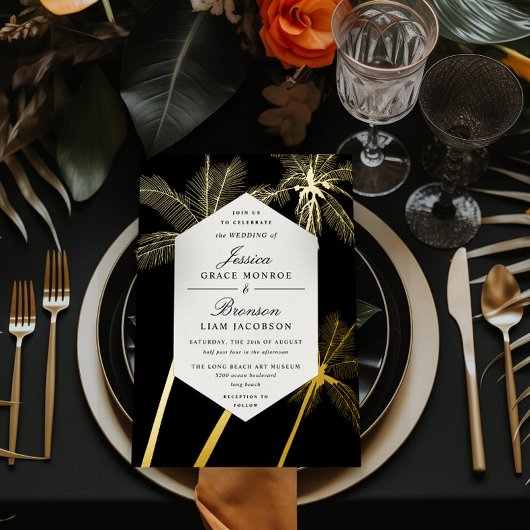goldene Palmen, raffinierte tropische Hochzeit Folieneinladung