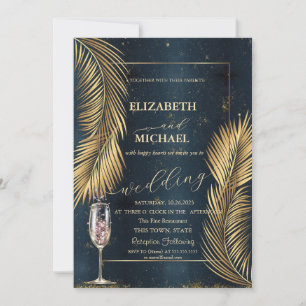 Goldene Palmwedel Strand Champagnerglas Hochzeit Einladung