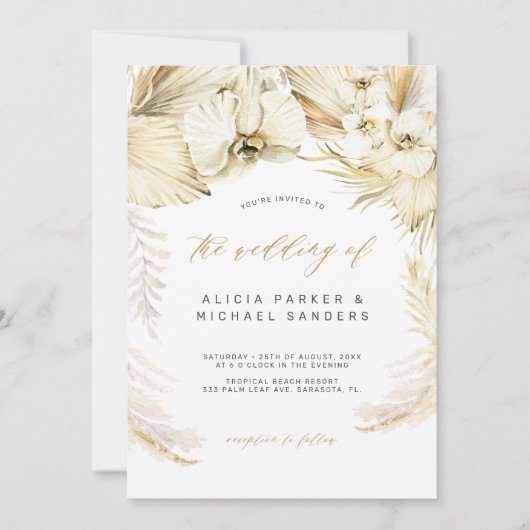 Goldene Pampas-Gras-Ochsen-Hochzeit Einladung (Vorderseite)