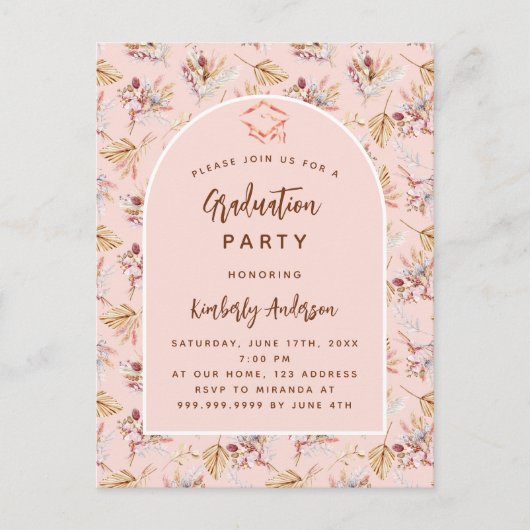 Goldene Pampas-Gras-Rose Einladungspostkarte (Vorderseite)