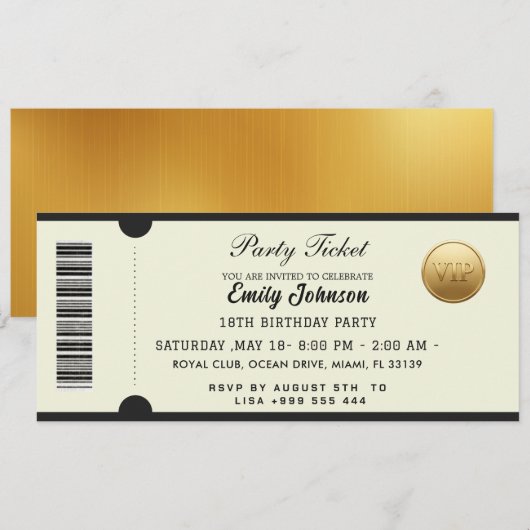 Goldene Parteiticket-Einladung 2026 Einladung (Vorne/Hinten)