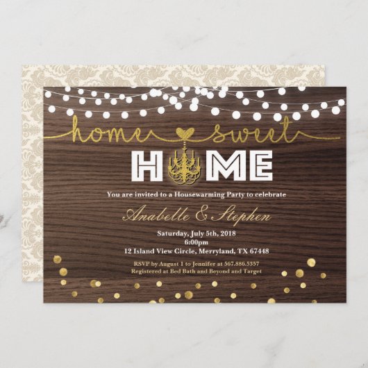 Goldene Party Einladung aus rustikalem Holz (Vorne/Hinten)