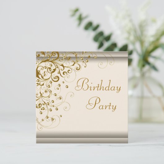 Goldene Perl Swirl Frauen Elfenbeingoldbraune Gebu Einladung (Stehend Vorderseite)