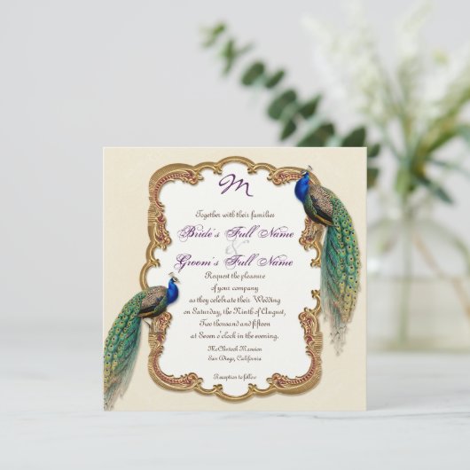 Goldene Pfau-u. Kalligraphie-Wirbels-Einladung Einladung (Stehend Vorderseite)