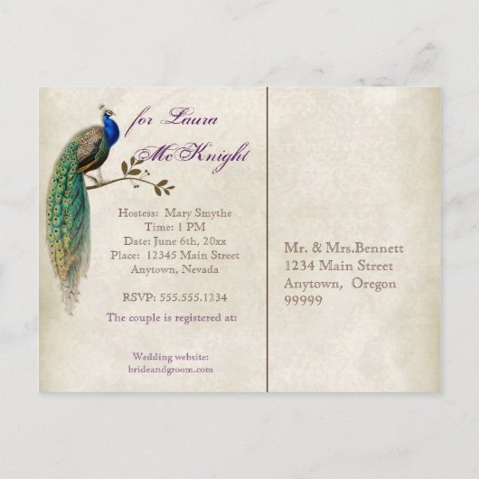 Goldene Pfaue & Wirbel - Save the Date Postkarte (Rückseite)