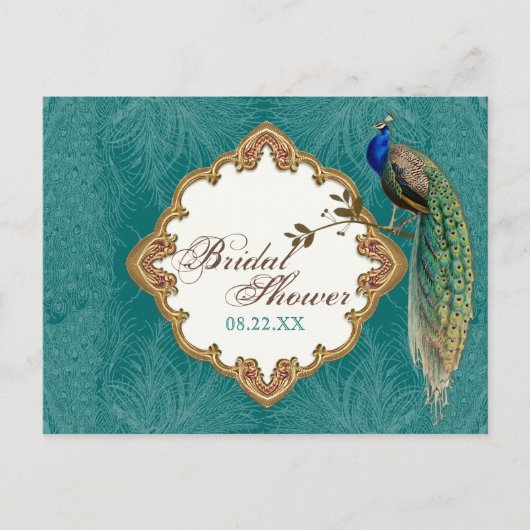 Goldene Pfaue & Wirbel - Save the Date Postkarte (Vorderseite)