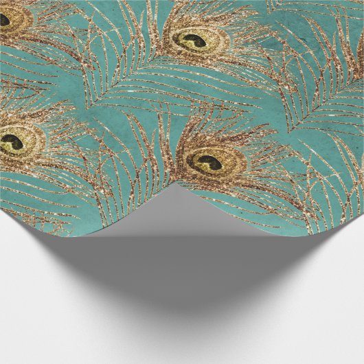 Goldene Pfauenfedern in Aqua Geschenkpapier (Ecke)