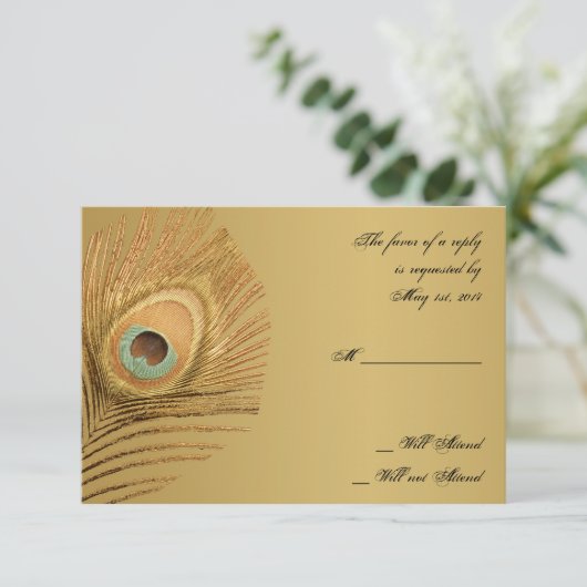 Goldene Pfauenkarte RSVP Karte (Stehend Vorderseite)