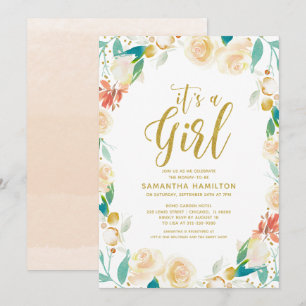 Goldene Pfirsich-Blumenkranz Mädchen Baby Shower Einladung