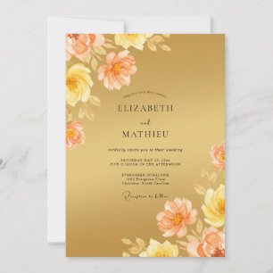 Goldene Pfirsich-Blütenromanze-Hochzeit Einladung