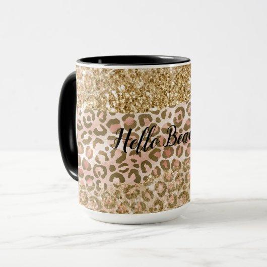 Goldene Pfirsichblätter Glitzer Leopard Tasse (Vorderseite Links)