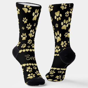 Goldene Pfotenabdrücke auf Schwarz mit individuell Socken