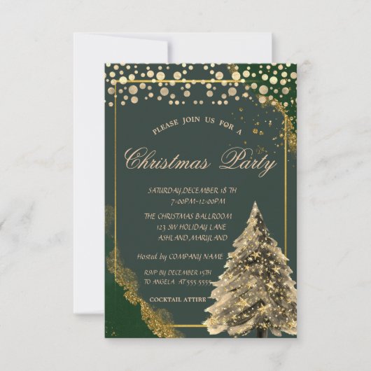 Goldene Pine Tree, Dots Green Company Weihnachten Einladung (Vorderseite)