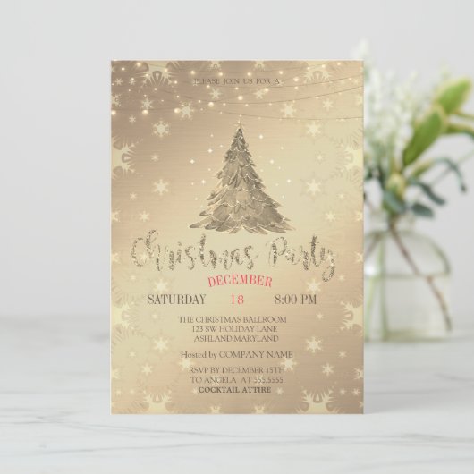 Goldene Pine Tree, goldenes Weihnachtsfest Party Einladung (Stehend Vorderseite)