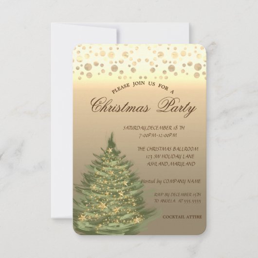 Goldene Pine Tree, Sterne, Dots Weihnachts-Party Einladung (Vorderseite)