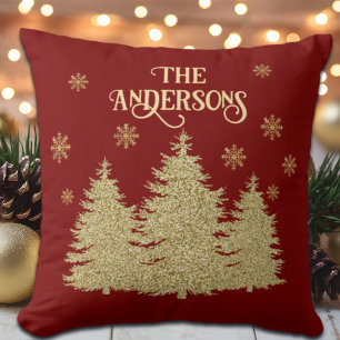 Goldene Pine Trees Gold Schneeflocken Kissen