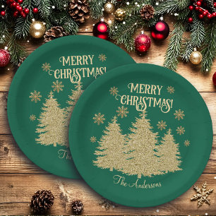 Goldene Pine Trees Gold Schneeflocken Pappteller