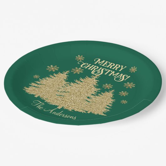 Goldene Pine Trees Gold Schneeflocken Pappteller (Schrägansicht)