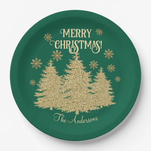 Goldene Pine Trees Gold Schneeflocken Pappteller (Vorderseite)