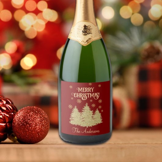 Goldene Pine Trees Gold Schneeflocken Schaumweinetikett